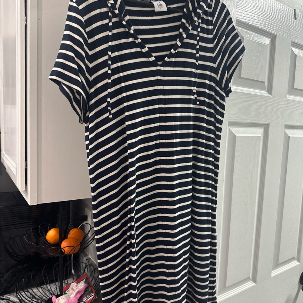 CAbi Navy and White Striped Midi Dress